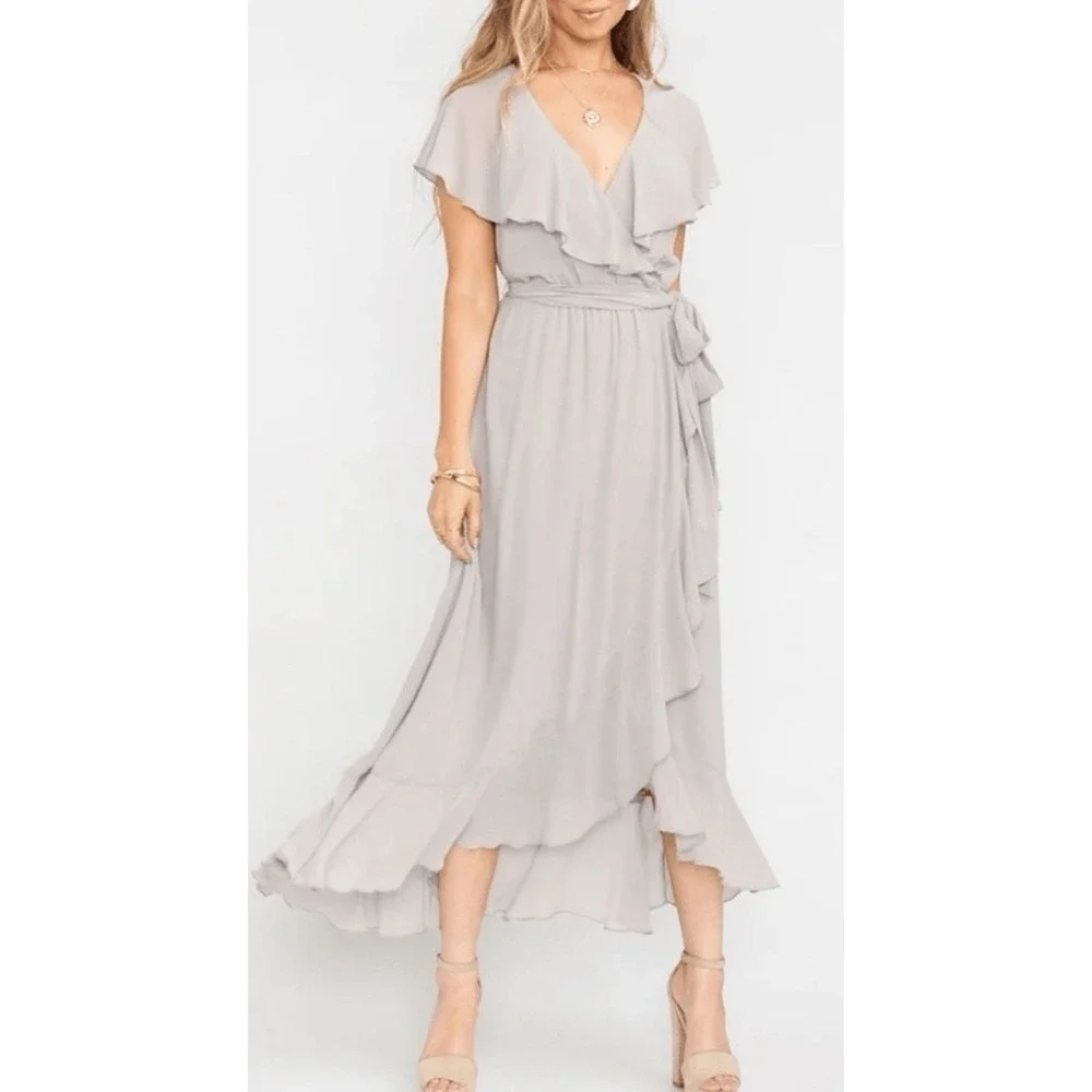 Show Me‎ Your MuMu Jess Womens Medium Chiffon Midi Dress Ruffles Wedding Holiday
